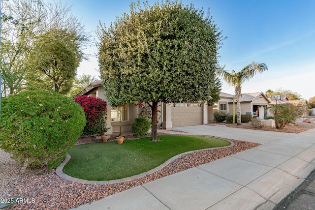 view of property hidden behind natural elements featuring a front yard and a garage