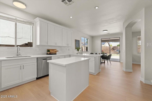 kitchen featuring a sink, light wood-style floors, backsplash, and dishwasher