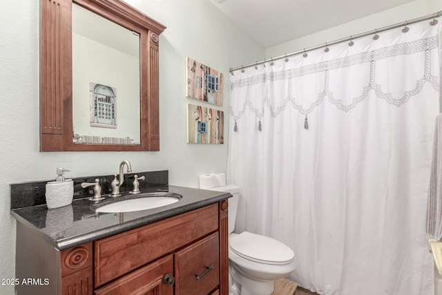 bathroom featuring vanity, curtained shower, and toilet