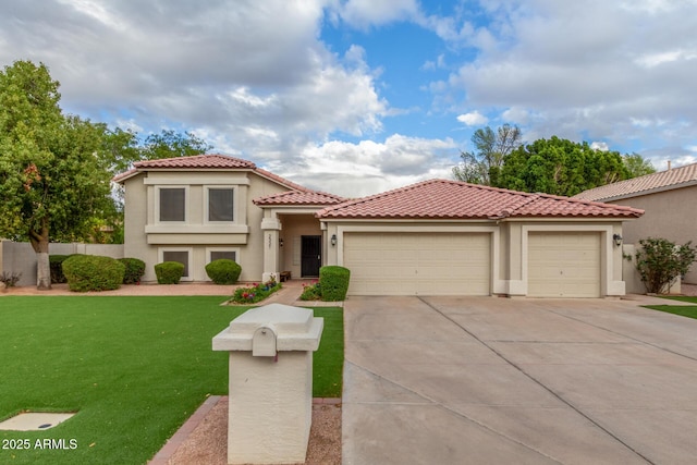 mediterranean / spanish-style home featuring a front lawn, a tiled roof, concrete driveway, stucco siding, and a garage