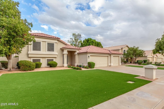 mediterranean / spanish-style home with a front lawn, an attached garage, a tile roof, and stucco siding