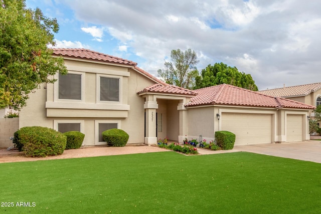 mediterranean / spanish-style house with a front yard, a garage, driveway, and stucco siding