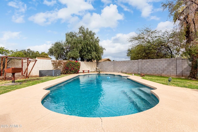 view of swimming pool featuring a patio, a fenced backyard, and a fenced in pool