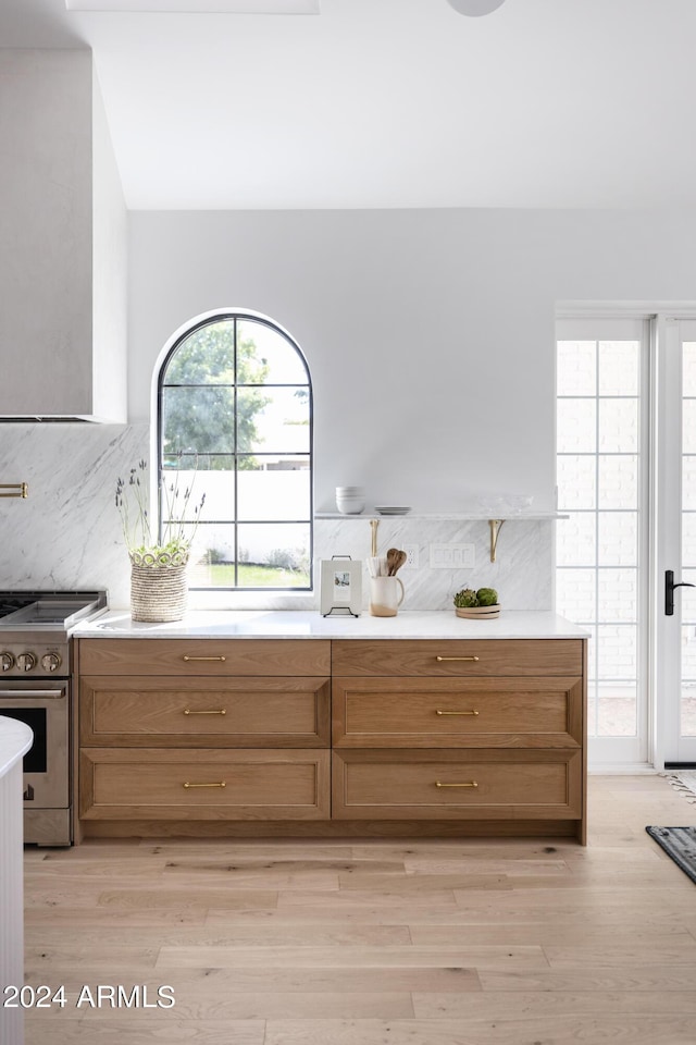 kitchen featuring light hardwood / wood-style floors, backsplash, and high end stainless steel range