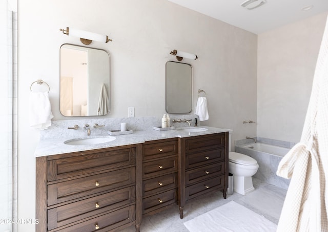 bathroom featuring a tub to relax in, tile patterned flooring, vanity, and toilet