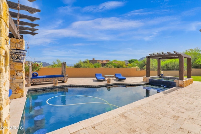 view of swimming pool with an in ground hot tub, a pergola, and a patio