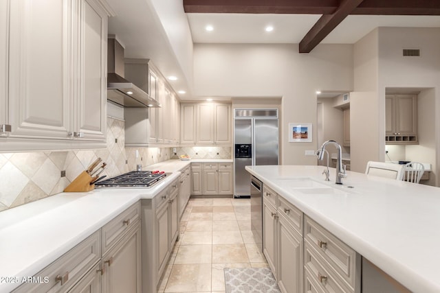 3205 S Ponderosa Dr, Gold Canyon, AZ 85118 - kitchen with recessed lighting, visible vents, wall chimney exhaust hood, appliances with stainless steel finishes, and a sink