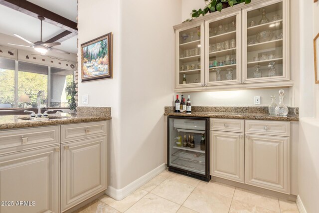 3205 S Ponderosa Dr, Gold Canyon, AZ 85118 - bar with a sink, a bar, a ceiling fan, beam ceiling, and beverage cooler