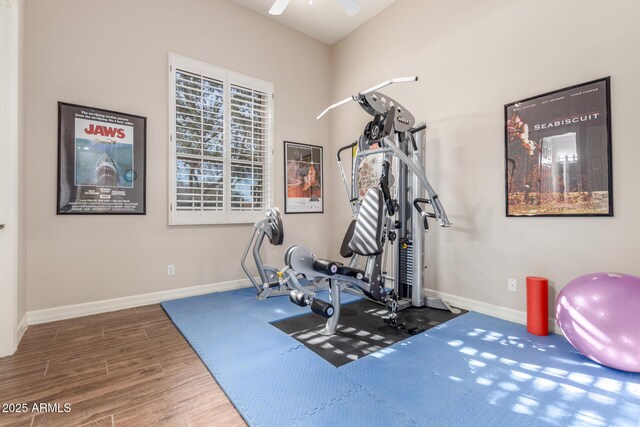 3205 S Ponderosa Dr, Gold Canyon, AZ 85118 - exercise room with baseboards, a ceiling fan, and wood finished floors