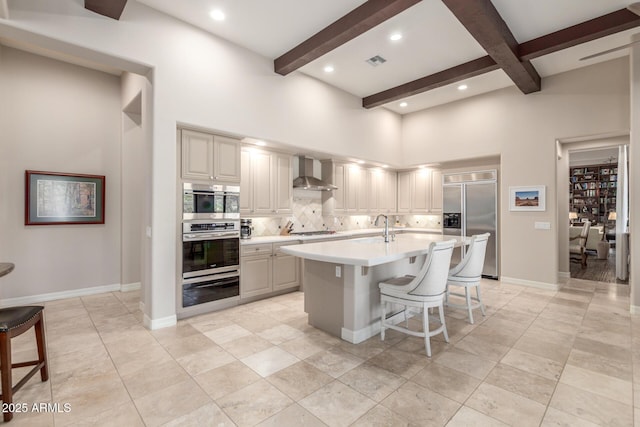 3205 S Ponderosa Dr, Gold Canyon, AZ 85118 - kitchen with wall chimney range hood, visible vents, a warming drawer, stainless steel appliances, and backsplash