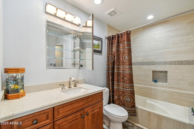 bathroom with shower / tub combo with curtain, recessed lighting, visible vents, toilet, and vanity