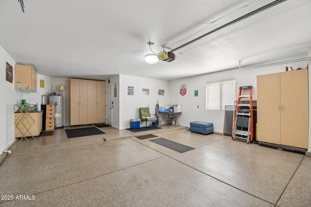 garage with water heater, baseboards, and a garage door opener