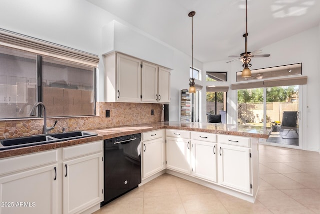 kitchen with sink, tasteful backsplash, black dishwasher, kitchen peninsula, and white cabinets