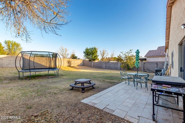 view of yard with a trampoline, a patio area, and a fenced backyard