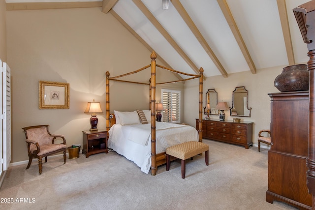 bedroom with light carpet, high vaulted ceiling, and beamed ceiling