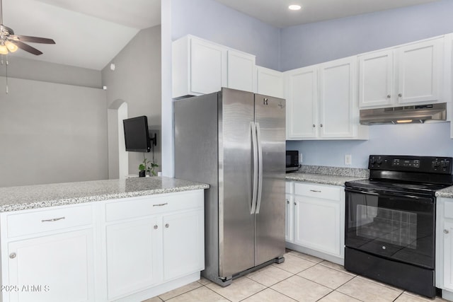 kitchen featuring white cabinetry, ceiling fan, appliances with stainless steel finishes, and light stone counters