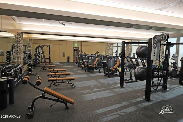 gym featuring a ceiling fan