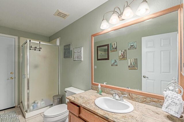full bath featuring vanity, toilet, tile patterned floors, a shower stall, and visible vents
