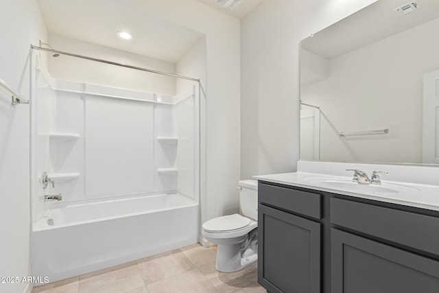 full bathroom featuring shower / tub combination, vanity, toilet, and tile patterned flooring