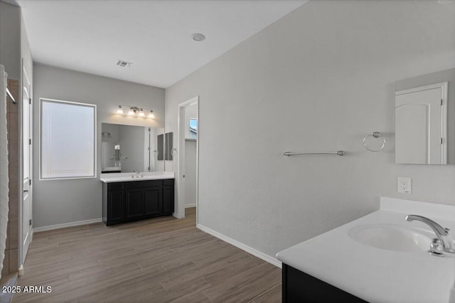 full bath with wood finished floors, two vanities, baseboards, and a sink