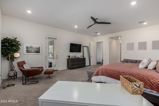 carpeted bedroom featuring ceiling fan