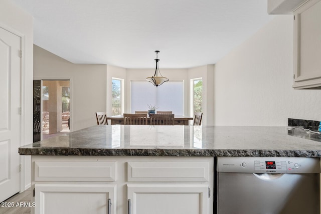 706 N El Dorado Dr, Gilbert, AZ 85233 - kitchen with dishwasher, white cabinets, a peninsula, hanging light fixtures, and dark stone countertops