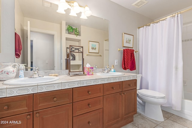 full bathroom with tile patterned flooring, vanity, toilet, and shower / bathtub combination with curtain