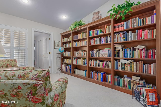 sitting room featuring lofted ceiling and carpet flooring