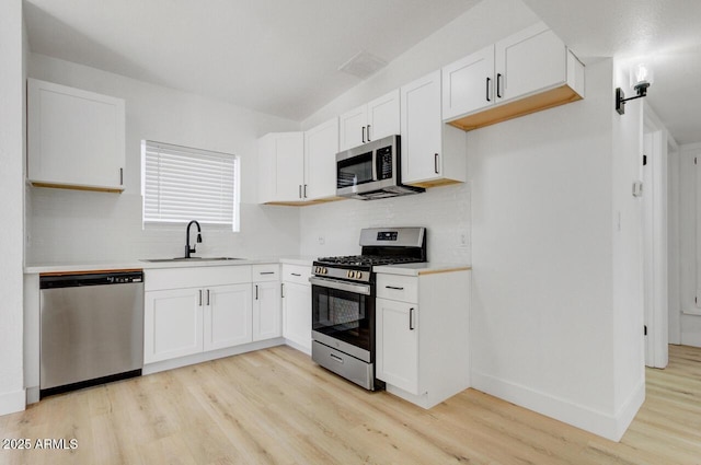 kitchen featuring sink, white cabinets, light wood-type flooring, and appliances with stainless steel finishes