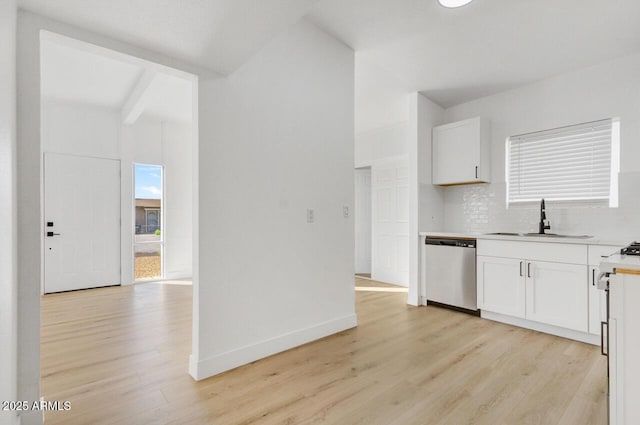 kitchen featuring beam ceiling, sink, stainless steel dishwasher, light hardwood / wood-style floors, and white cabinets