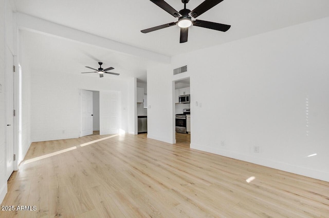 unfurnished living room with light hardwood / wood-style flooring and ceiling fan