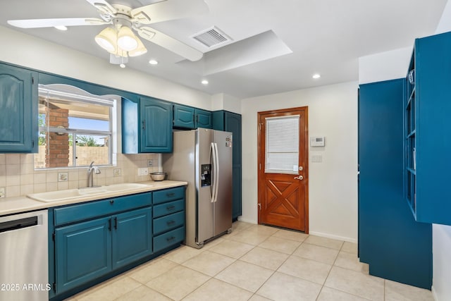 8135 N 5th St, Phoenix, AZ 85020 - kitchen featuring stainless steel appliances, a sink, blue cabinets, tasteful backsplash, and recessed lighting