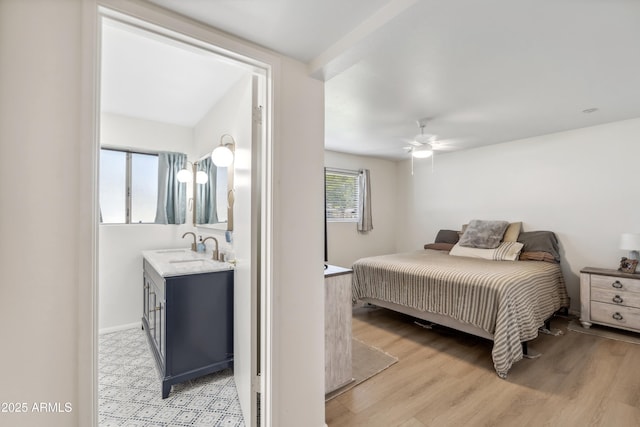 8135 N 5th St, Phoenix, AZ 85020 - bedroom with light wood finished floors, ensuite bath, baseboards, and a ceiling fan
