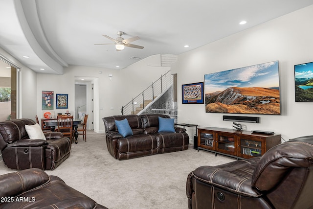 13621 E Aster Dr, Scottsdale, AZ 85259 - living area with stairs, recessed lighting, carpet floors, visible vents, and a ceiling fan
