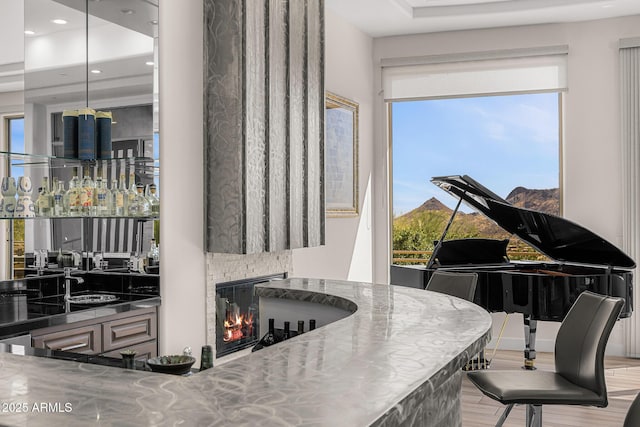 13621 E Aster Dr, Scottsdale, AZ 85259 - bar featuring plenty of natural light, wood finished floors, a sink, and a glass covered fireplace