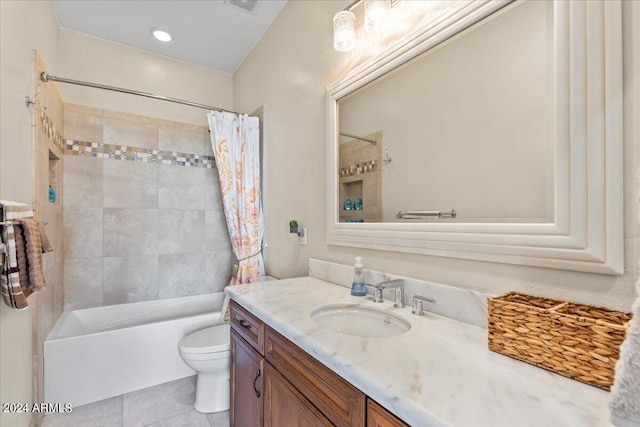 full bathroom featuring tile patterned floors, vanity, shower / tub combo, and toilet