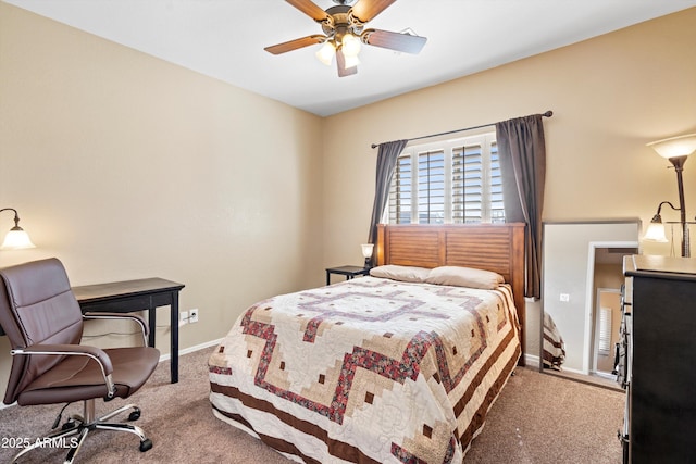 bedroom featuring baseboards, carpet, and ceiling fan