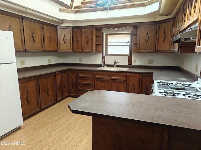 5463 E Roberts Dr, Globe, AZ 85501 - kitchen with white appliances, a sink, open shelves, under cabinet range hood, and light wood-style flooring