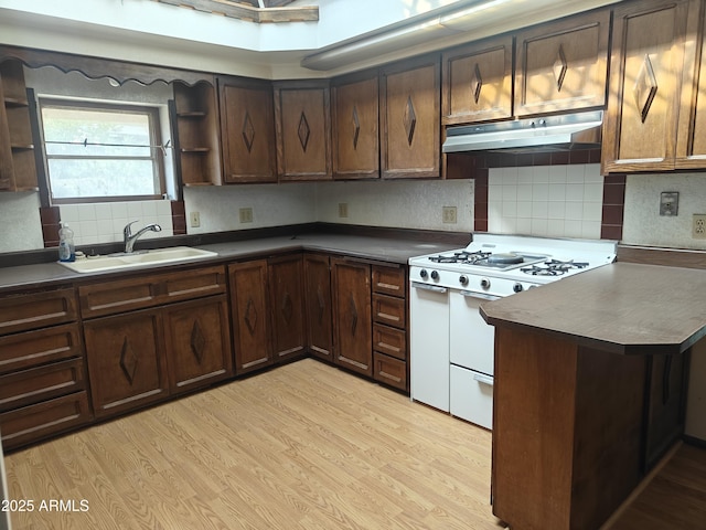5463 E Roberts Dr, Globe, AZ 85501 - kitchen featuring a sink, white gas stove, under cabinet range hood, open shelves, and decorative backsplash