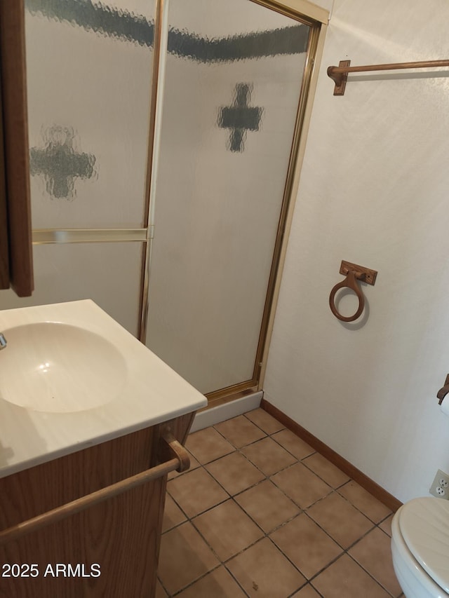 5463 E Roberts Dr, Globe, AZ 85501 - full bathroom featuring toilet, a shower stall, tile patterned floors, vanity, and baseboards