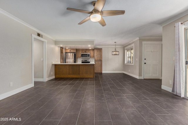 2228 E Campbell Ave Unit 116, Phoenix, AZ 85016 - unfurnished living room featuring crown molding, dark tile patterned floors, and ceiling fan