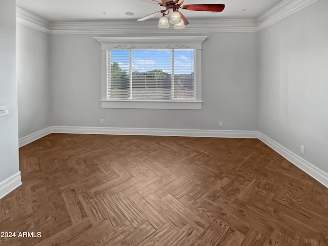 unfurnished room featuring ornamental molding, parquet flooring, and ceiling fan