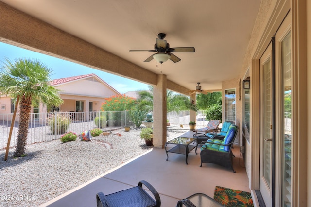 view of patio / terrace featuring ceiling fan and a fenced backyard