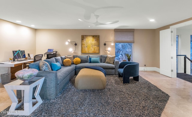 living room with light tile patterned flooring and ceiling fan