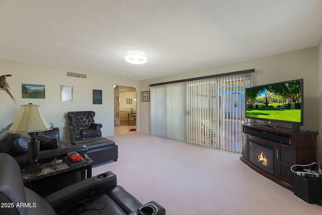 carpeted living room featuring a textured ceiling