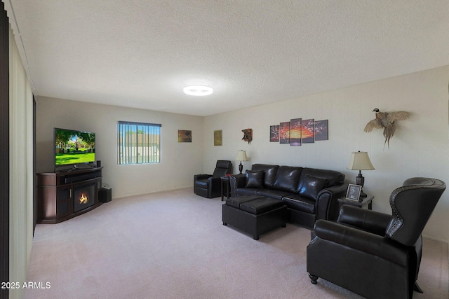 carpeted living room featuring a textured ceiling