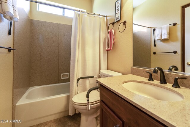 full bathroom featuring tile patterned floors, shower / bath combo, vanity, and toilet