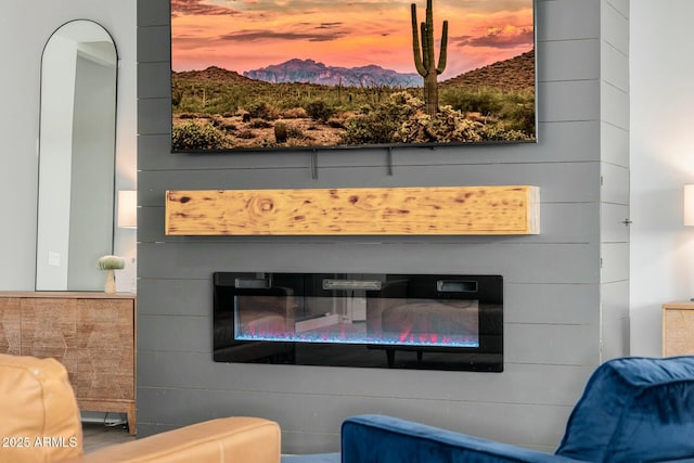 room details featuring a glass covered fireplace