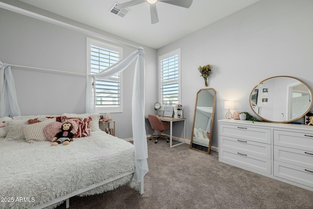 bedroom with light carpet, ceiling fan, and visible vents