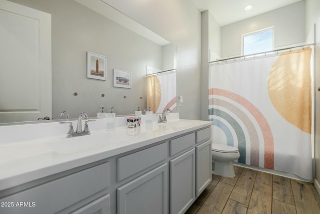 full bath featuring toilet, double vanity, a sink, and wood finished floors